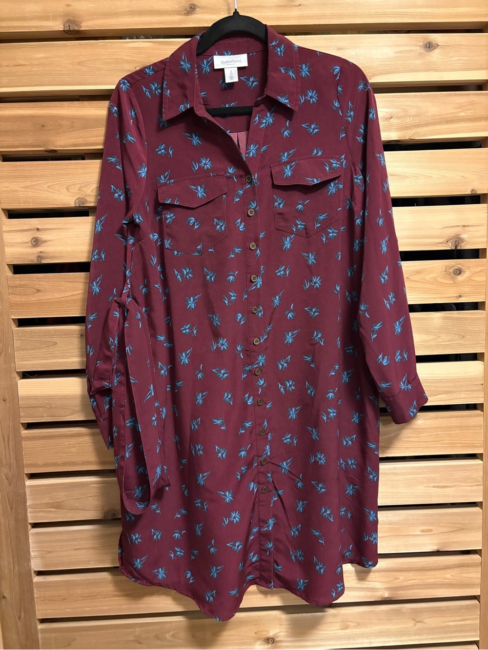 Motherhood Maternity Burgundy Blue Floral Button-Front Shirt Dress